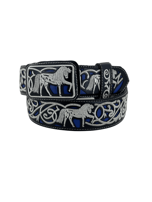 Black and White Dancing Horse with Blue Silk Thread Charro Leather Belt