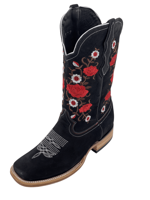 Women’s Red Rose Nobuck Black Square Toe Rodeo Boot