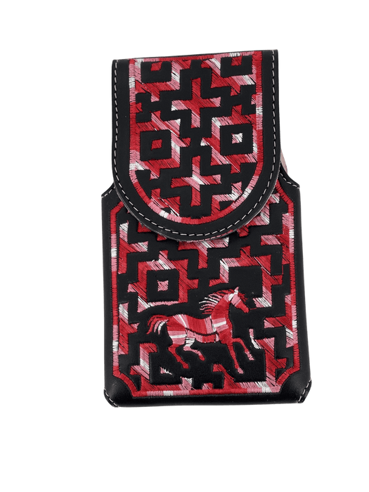 Black and Red Dancing Horse V3 Silk Thread Leather Phone Case