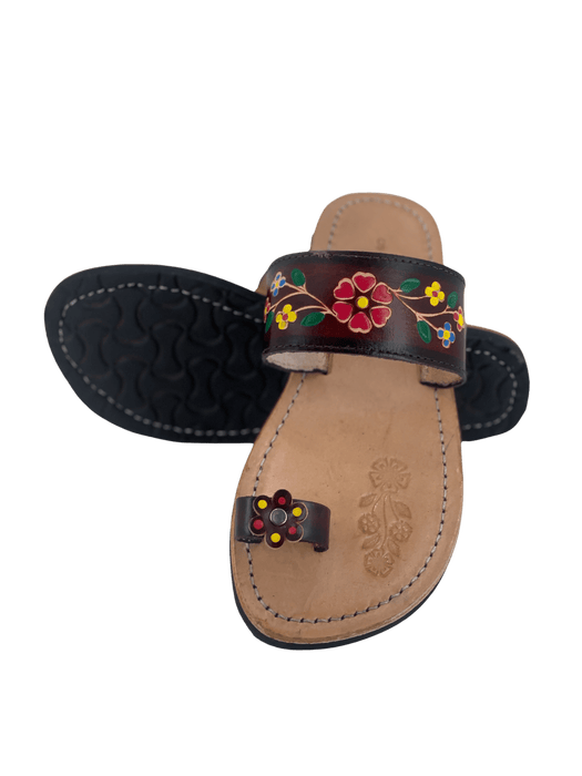 Leather Sandal - Brown Single Strap with Colorful Flowers