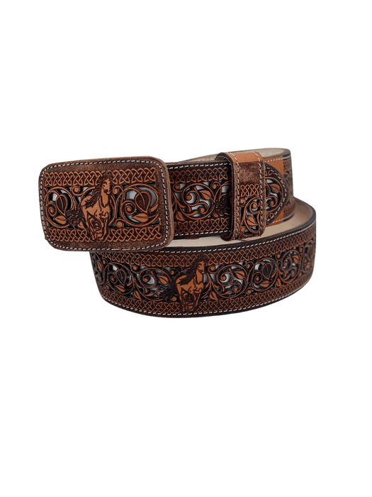 Chedron with White Running Horse Chiseled Charro Leather Belt