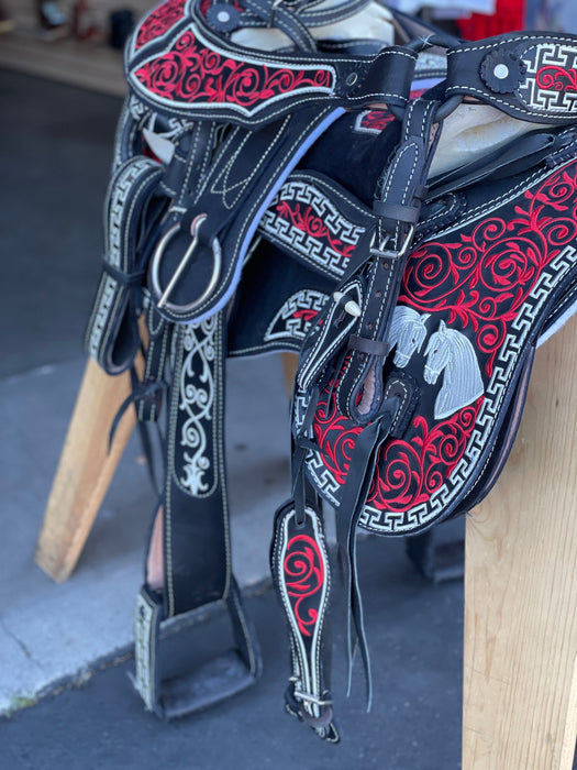 Black with Red and White Silk Thread Horses Cantina 15.5 Horse Saddle