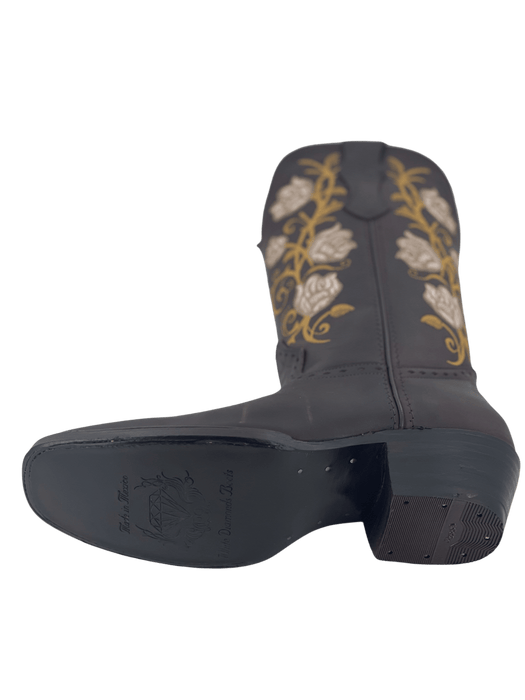 Women’s Brown with Brown and Golden Flowers Square Toe Rodeo Boot