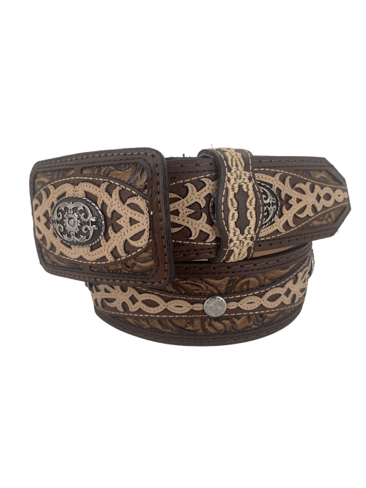 Brown Embroidered with Silver Concho Western Leather Belt