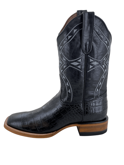 Black Square Toe Crocodile / Caiman Print Leather Boot