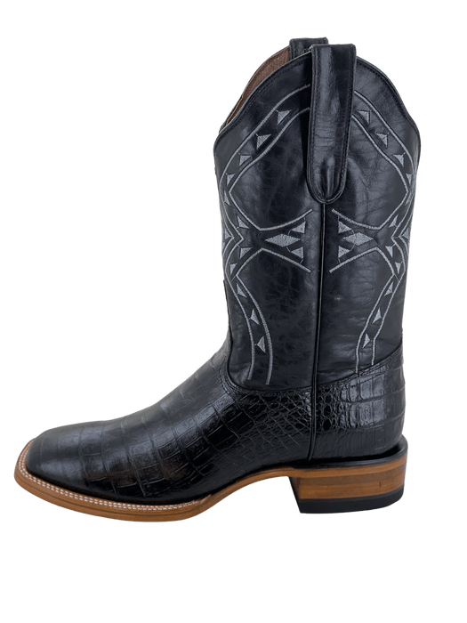 Black Square Toe Crocodile Caiman Print Leather Boot — Rodeo