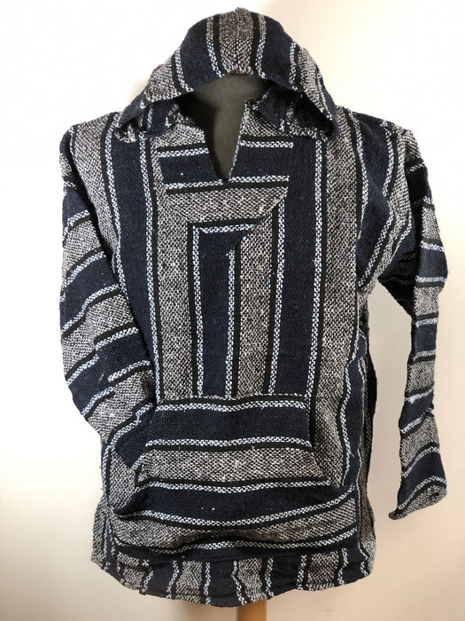 Baja Hoodie Grey and Navy Blue with Black and Light Blue Lines 063