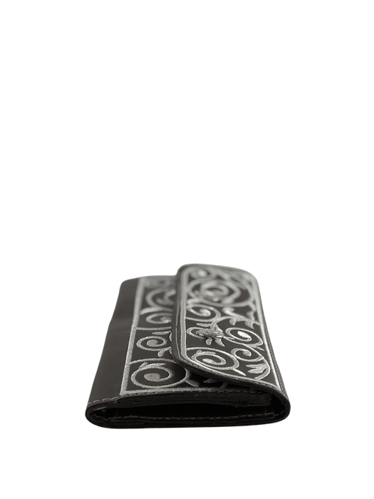 Brown with White Embroidery Leather Wallet