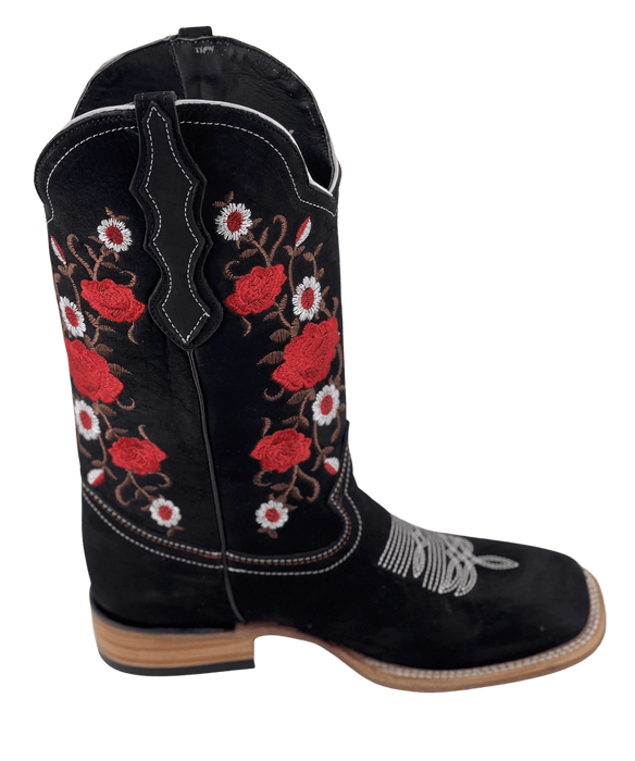 Women’s Red Rose Nobuck Black Square Toe Rodeo Boot