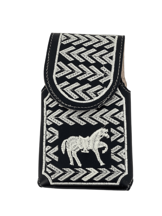 Black and White Dancing Horse Silk Thread Leather Phone Case