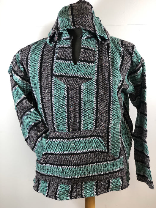 Baja Hoodie Grey and Turquoise with Black and White Lines 045