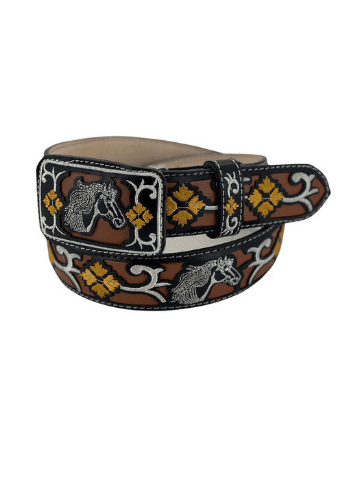 Women’s Brown with Black and White and Gold Flowers Silk Thread Leather Belt