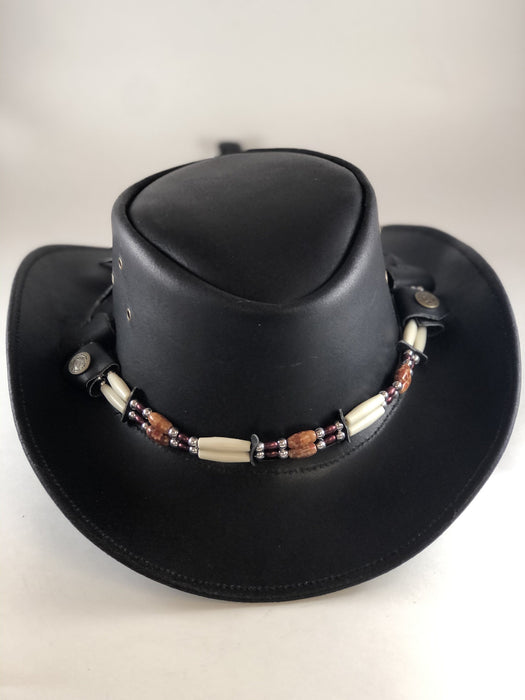 Black Safari Aussie Indiana Jones Style Leather Hat Wood and Bone Hat Band