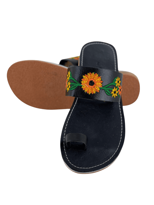 Leather Sandal - Black Single Strap with Sunflower