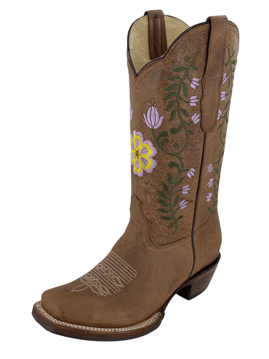 Women's Tan Square Toe Lavender Flowers with Green Stems Rodeo Boot