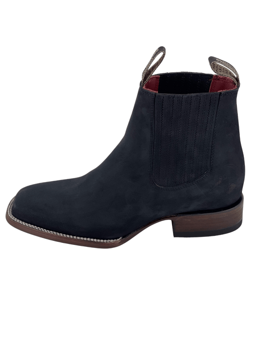 Solid Black Square Toe Nobuck Leather Sole Botin Rodeo