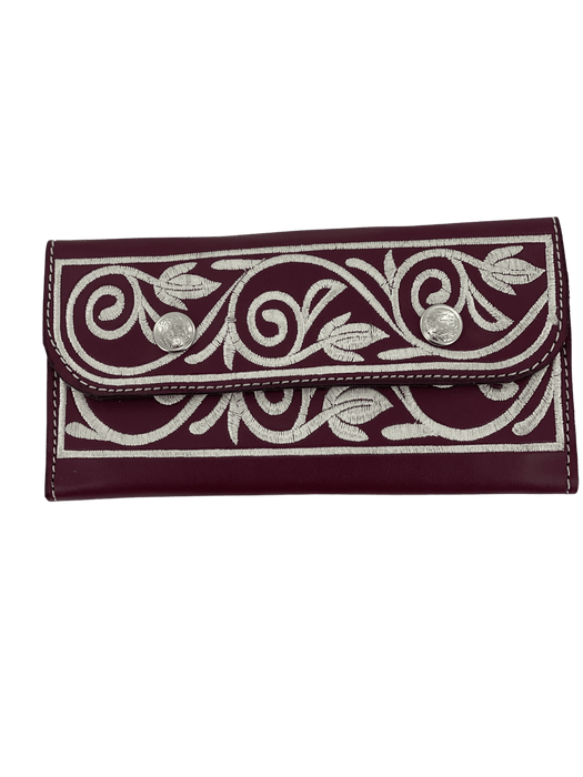 Purple with White Embroidery Leather Wallet